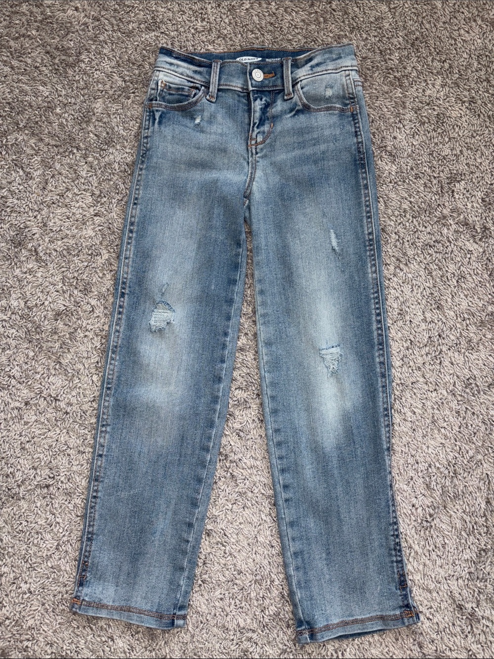 Old Navy Light Blue Distressed Straight-Leg Jeans. Built-in tough. Size 7 boys
